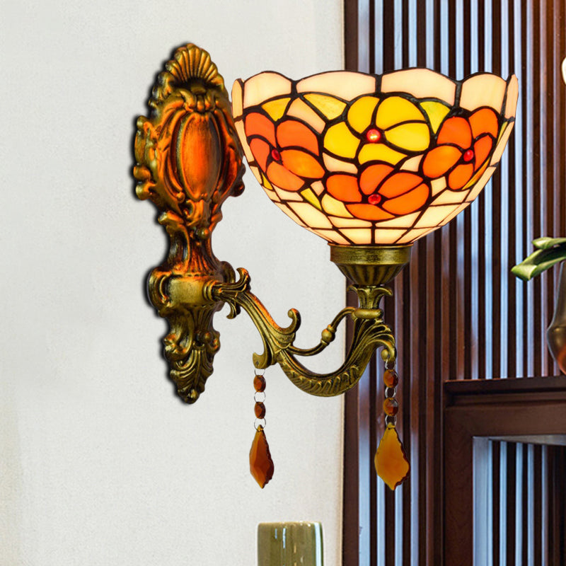 Lisslune | Leaf Pattern Bowl Stained Glass Wall Lamp Tiffany 1 Head Orange/Purple/Red Wall Mount