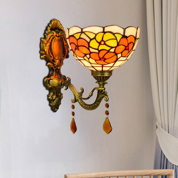 Lisslune | Leaf Pattern Bowl Stained Glass Wall Lamp Tiffany 1 Head Orange/Purple/Red Wall Mount