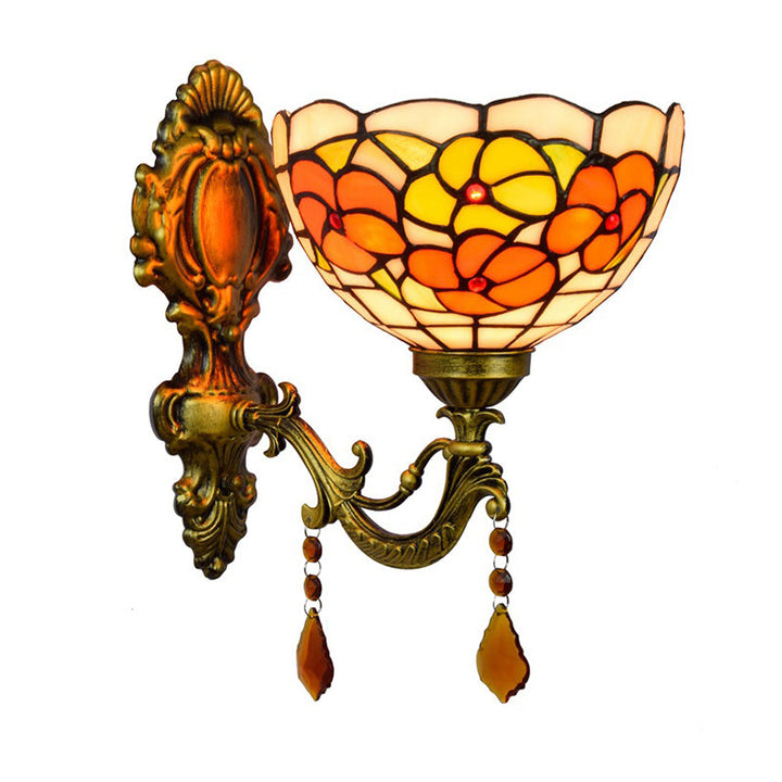 Lisslune | Leaf Pattern Bowl Stained Glass Wall Lamp Tiffany 1 Head Orange/Purple/Red Wall Mount