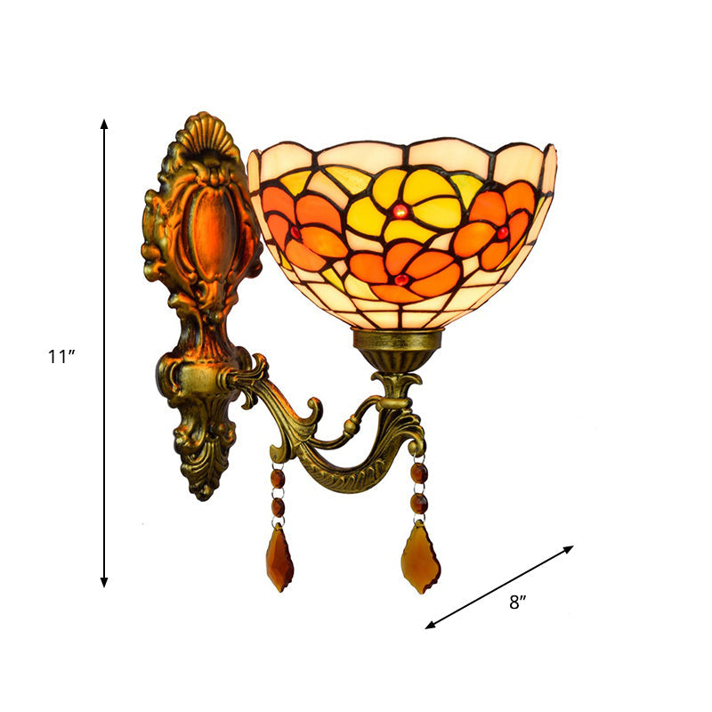Lisslune | Leaf Pattern Bowl Stained Glass Wall Lamp Tiffany 1 Head Orange/Purple/Red Wall Mount