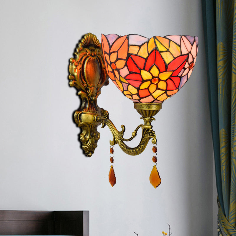 Lisslune | Leaf Pattern Bowl Stained Glass Wall Lamp Tiffany 1 Head Orange/Purple/Red Wall Mount