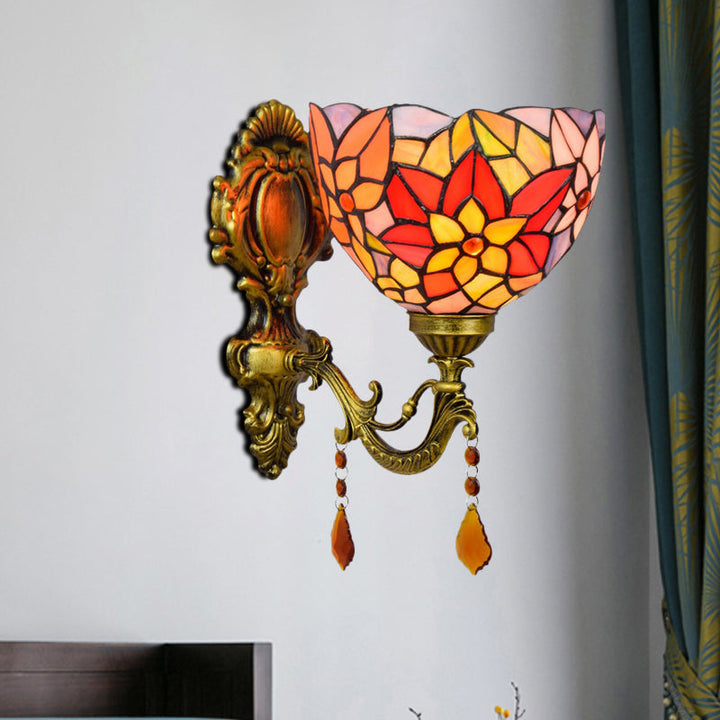 Lisslune | Leaf Pattern Bowl Stained Glass Wall Lamp Tiffany 1 Head Orange/Purple/Red Wall Mount