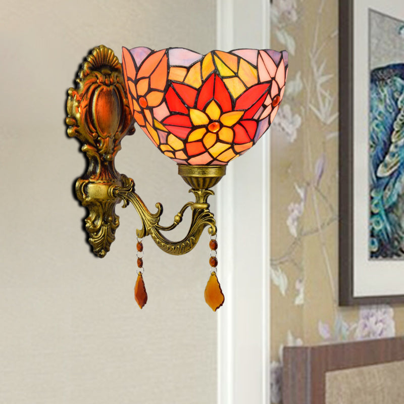 Lisslune | Leaf Pattern Bowl Stained Glass Wall Lamp Tiffany 1 Head Orange/Purple/Red Wall Mount