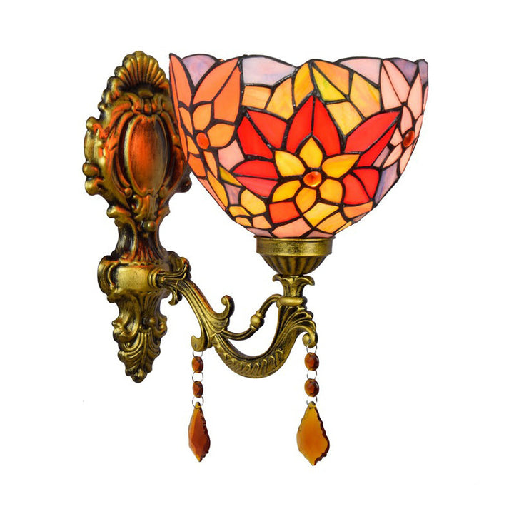 Lisslune | Leaf Pattern Bowl Stained Glass Wall Lamp Tiffany 1 Head Orange/Purple/Red Wall Mount