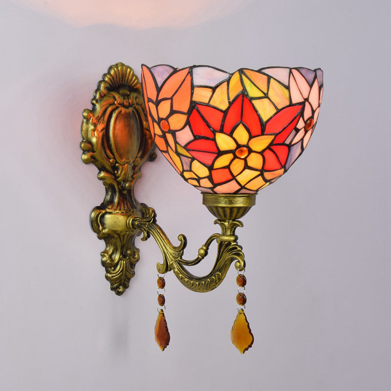 Lisslune | Leaf Pattern Bowl Stained Glass Wall Lamp Tiffany 1 Head Orange/Purple/Red Wall Mount