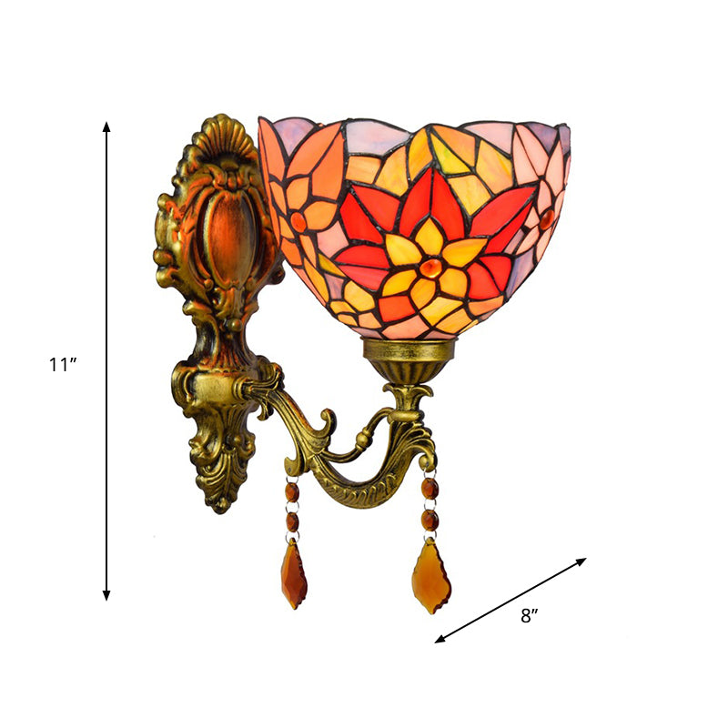 Lisslune | Leaf Pattern Bowl Stained Glass Wall Lamp Tiffany 1 Head Orange/Purple/Red Wall Mount
