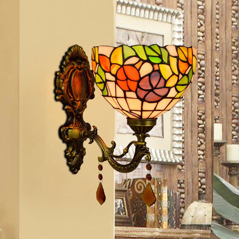 Lisslune | Leaf Pattern Bowl Stained Glass Wall Lamp Tiffany 1 Head Orange/Purple/Red Wall Mount