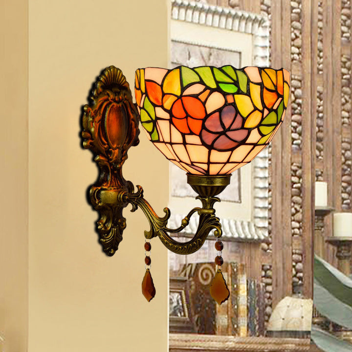 Lisslune | Leaf Pattern Bowl Stained Glass Wall Lamp Tiffany 1 Head Orange/Purple/Red Wall Mount