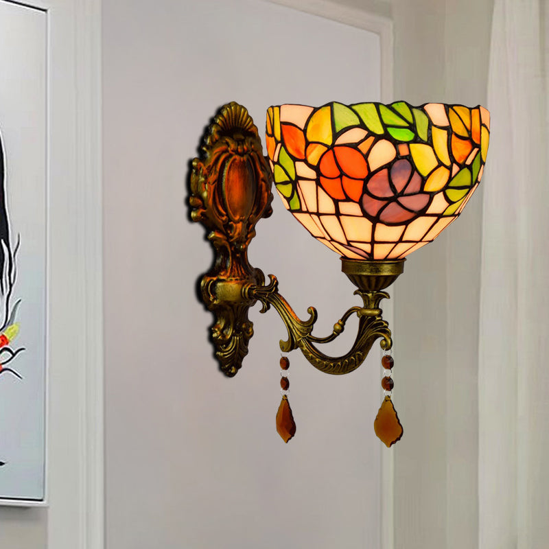 Lisslune | Leaf Pattern Bowl Stained Glass Wall Lamp Tiffany 1 Head Orange/Purple/Red Wall Mount
