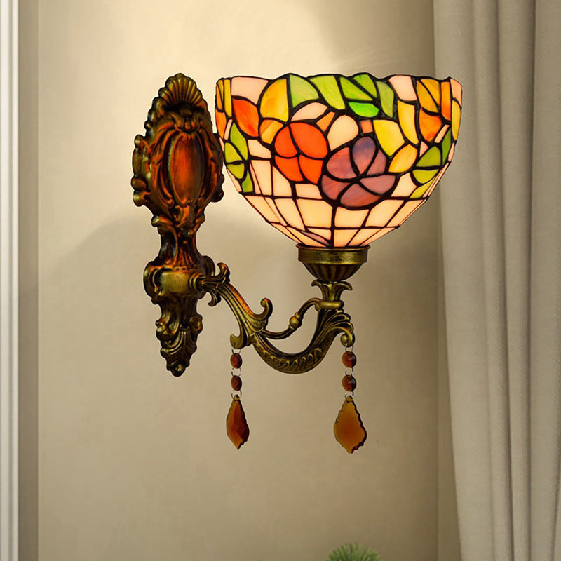 Lisslune | Leaf Pattern Bowl Stained Glass Wall Lamp Tiffany 1 Head Orange/Purple/Red Wall Mount