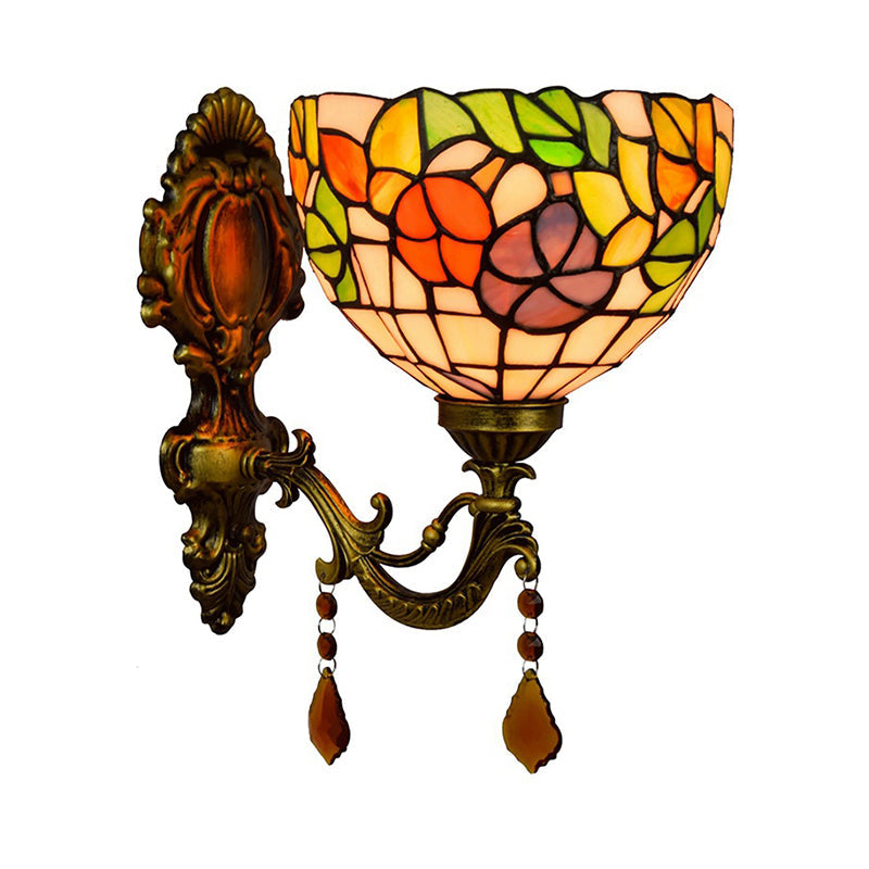 Lisslune | Leaf Pattern Bowl Stained Glass Wall Lamp Tiffany 1 Head Orange/Purple/Red Wall Mount