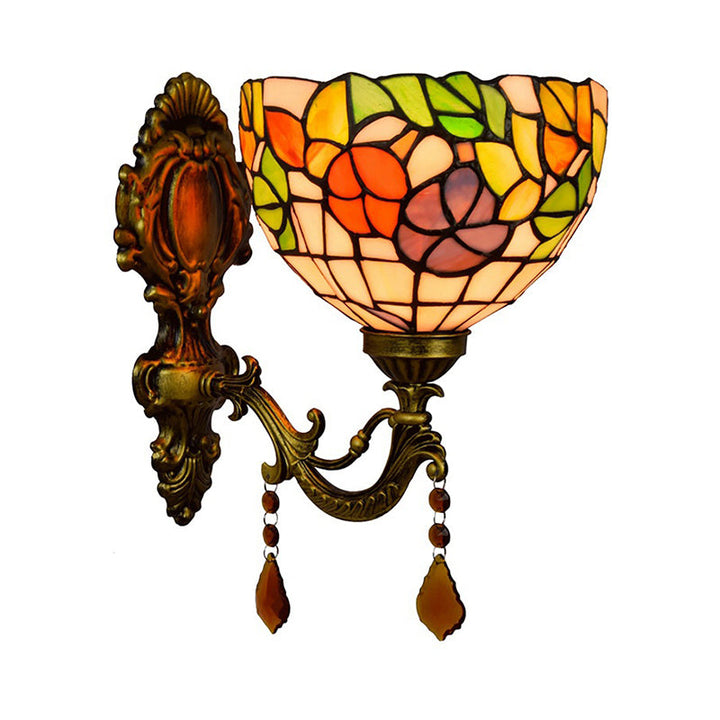 Lisslune | Leaf Pattern Bowl Stained Glass Wall Lamp Tiffany 1 Head Orange/Purple/Red Wall Mount