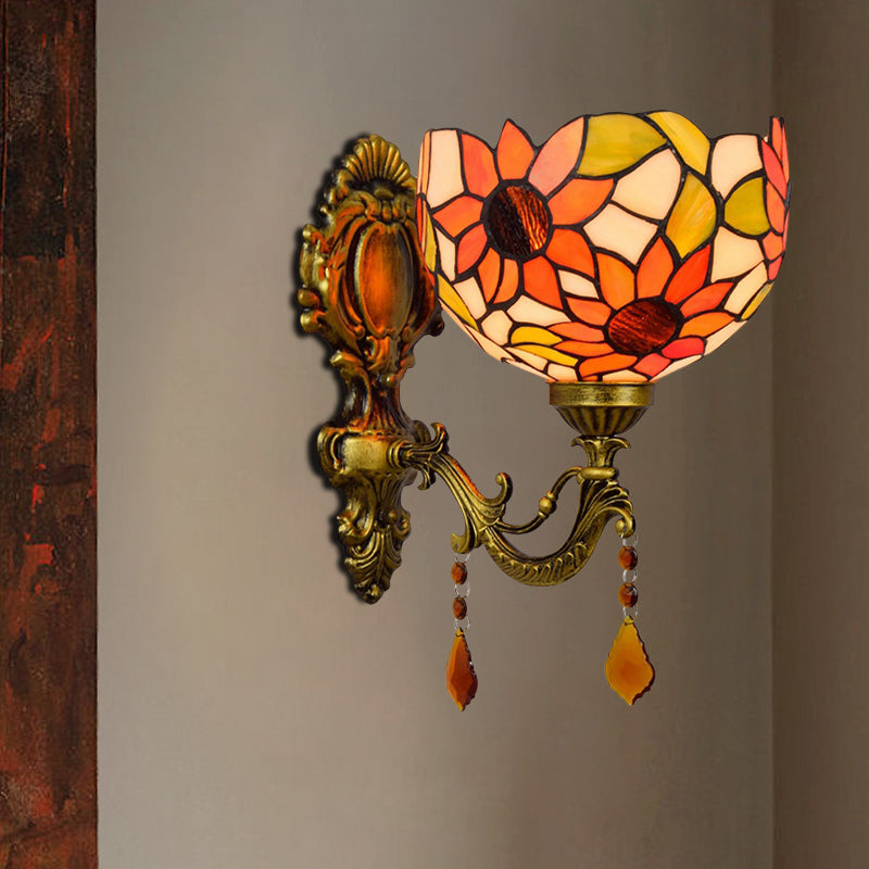 Lisslune | Sheepflower Pattern Dome Wall Lamp 1 Bulb Cut Glass Tiffany Wall Lighting Fixture with Brass Curved Arm