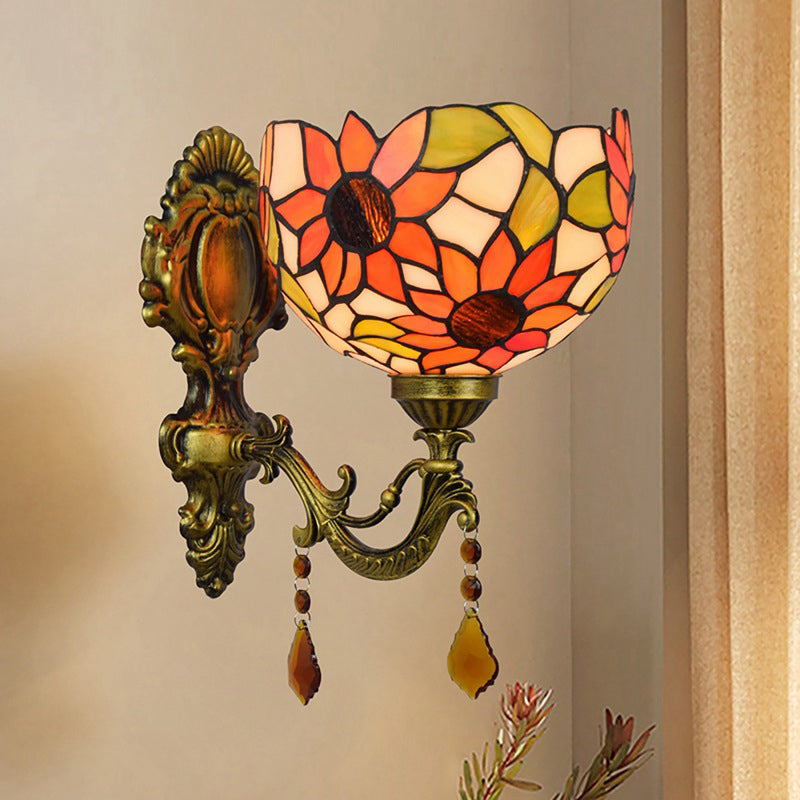 Lisslune | Sheepflower Pattern Dome Wall Lamp 1 Bulb Cut Glass Tiffany Wall Lighting Fixture with Brass Curved Arm
