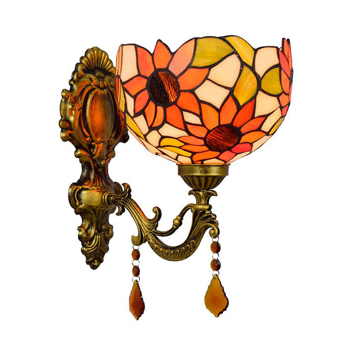 Lisslune | Sheepflower Pattern Dome Wall Lamp 1 Bulb Cut Glass Tiffany Wall Lighting Fixture with Brass Curved Arm