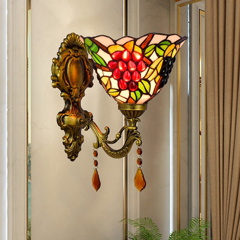 Lisslune | Single-Bulb Wall Sconces Tiffany Flared Stained Glass Wall Mount Light with Grape Pattern in Brass