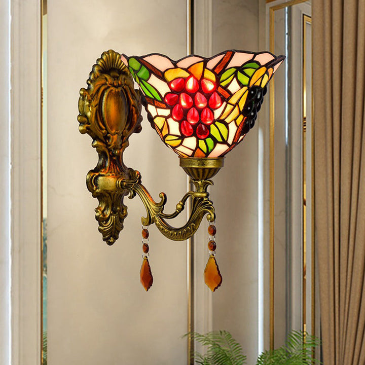 Lisslune | Single-Bulb Wall Sconces Tiffany Flared Stained Glass Wall Mount Light with Grape Pattern in Brass
