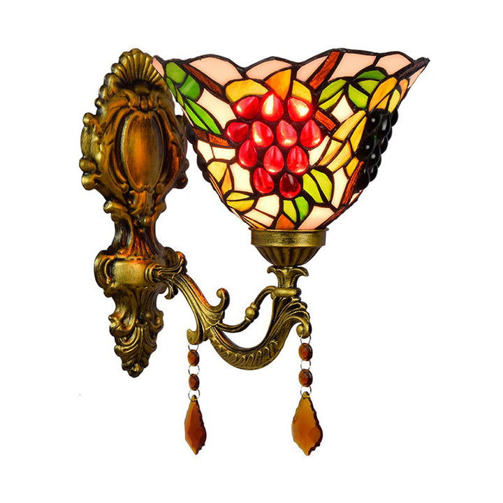 Lisslune | Single-Bulb Wall Sconces Tiffany Flared Stained Glass Wall Mount Light with Grape Pattern in Brass