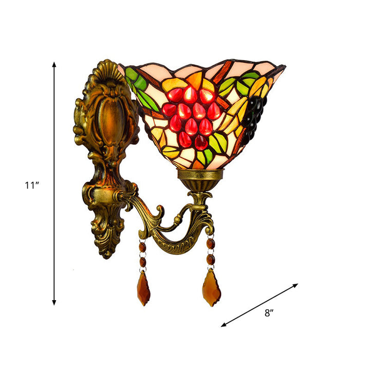 Lisslune | Single-Bulb Wall Sconces Tiffany Flared Stained Glass Wall Mount Light with Grape Pattern in Brass