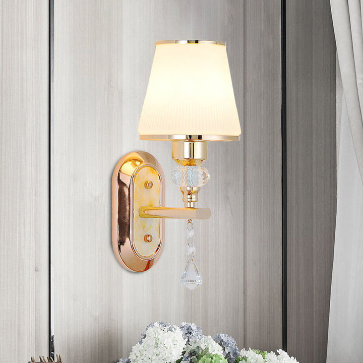 Lisslune | Gold Barrel Wall Lamp Minimalistic 1/2-Head Frosted Glass Wall Lighting with Diamond Crystal Drops