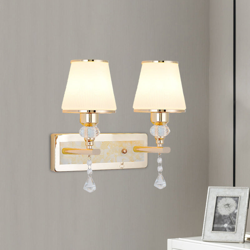 Lisslune | Gold Barrel Wall Lamp Minimalistic 1/2-Head Frosted Glass Wall Lighting with Diamond Crystal Drops