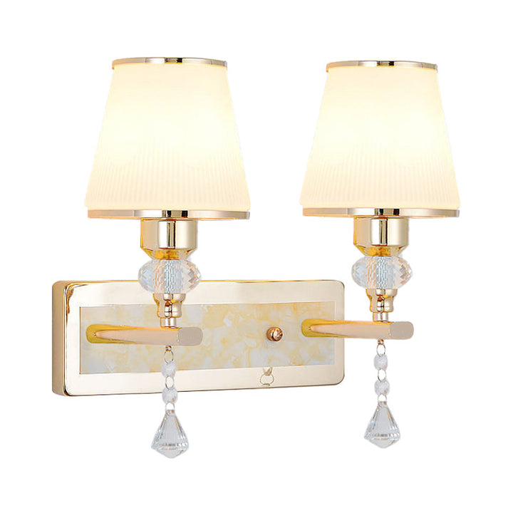 Lisslune | Gold Barrel Wall Lamp Minimalistic 1/2-Head Frosted Glass Wall Lighting with Diamond Crystal Drops