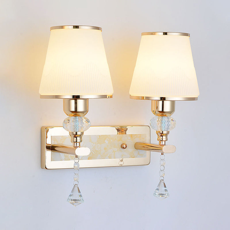 Lisslune | Gold Barrel Wall Lamp Minimalistic 1/2-Head Frosted Glass Wall Lighting with Diamond Crystal Drops