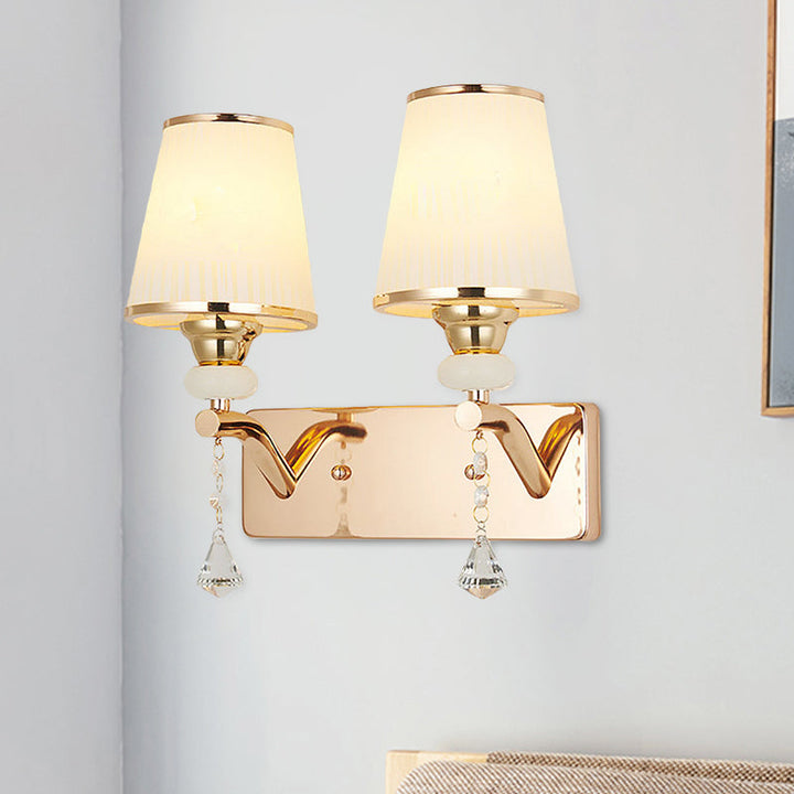 Lisslune | 2-Bulb Regular Wall Sconce Light Contemporary Gold Crystal Conical Shade Wall Mounting Lighting