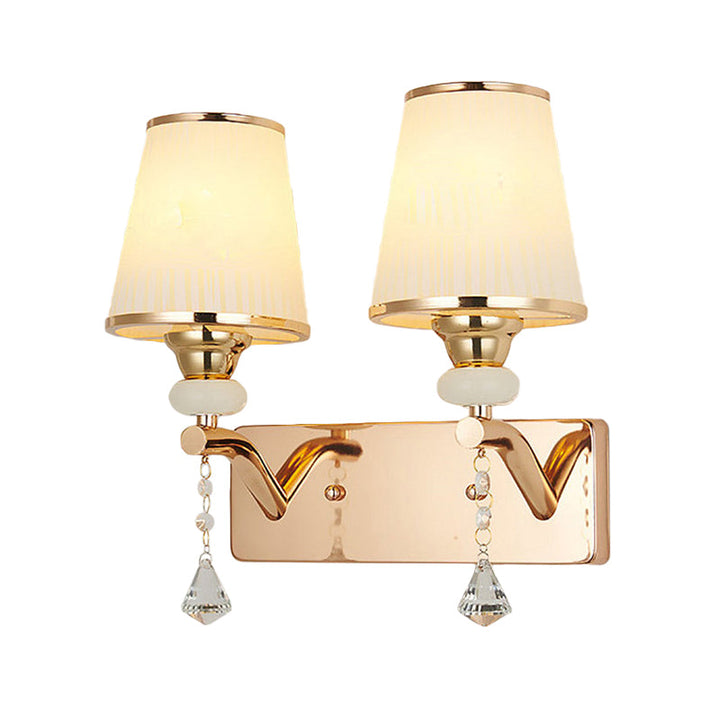 Lisslune | 2-Bulb Regular Wall Sconce Light Contemporary Gold Crystal Conical Shade Wall Mounting Lighting