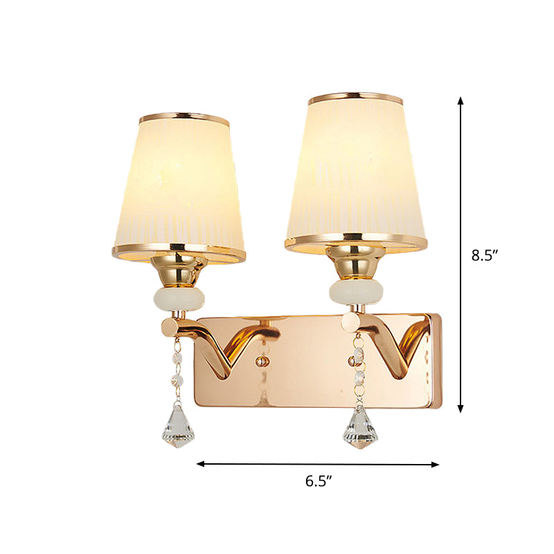 Lisslune | 2-Bulb Regular Wall Sconce Light Contemporary Gold Crystal Conical Shade Wall Mounting Lighting