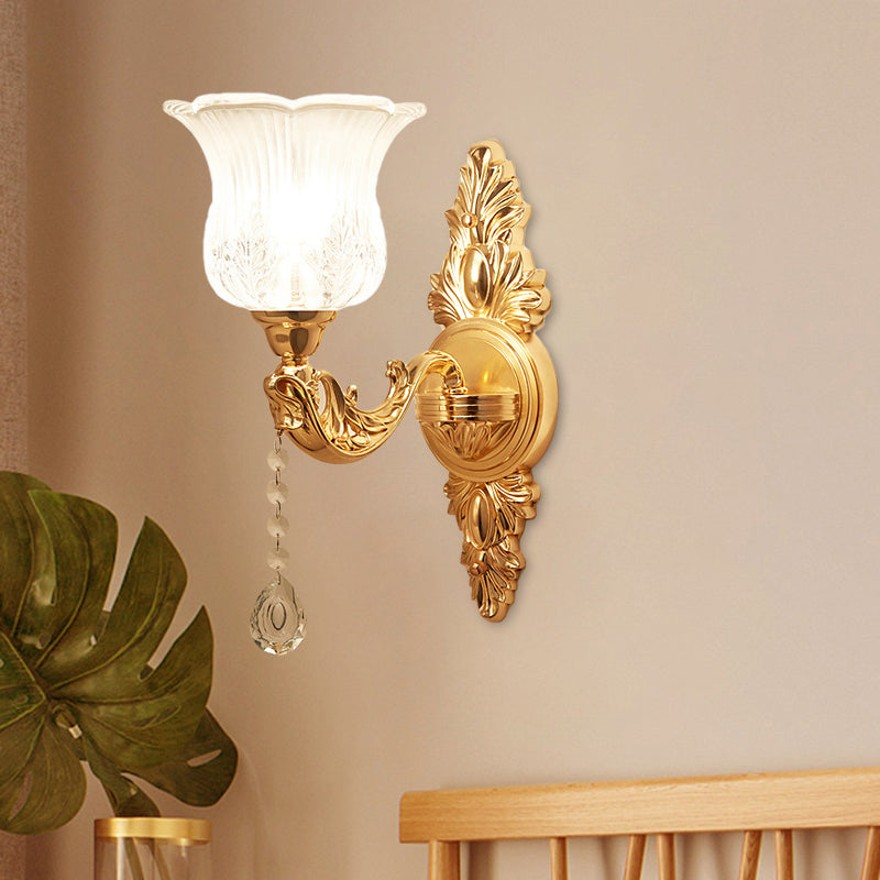Skørter | Gold Flower/Bell Wall Lamp Modernist Crystal Shade 1 Light Living Room Wall Mounted Lamp
