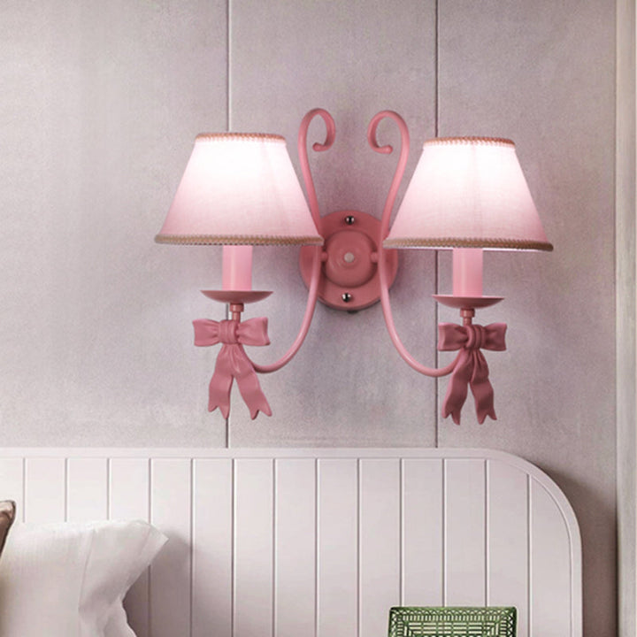 Skørter | 1/2-Light Bedroom Wall-Mounted Lamp Macaron Pink Finish Arc Wall Lamp with Conical Fabric Shade