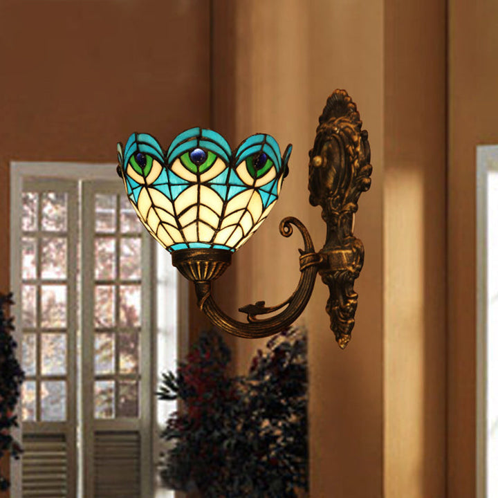 Lisslune | Sculpted Wall Sconces Light with Peacock Glass 1 Bulb Tiffany Wall Lighting