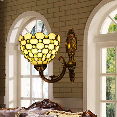 Lisslune | Beige Wall Lamp Sconce Tiffany Filled Glass 1 Light Wall Light with Crystal Pearl