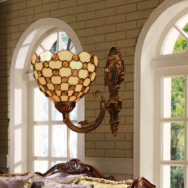 Lisslune | Beige Wall Lamp Sconce Tiffany Filled Glass 1 Light Wall Light with Crystal Pearl