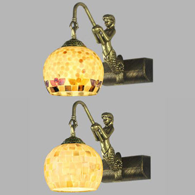 Lisslune | Globe Wall Mount Light Tiffany Beige/Beige-Red Shell 1 Head Bathroom Wall Lamp Fixture with Mermaid Decoration