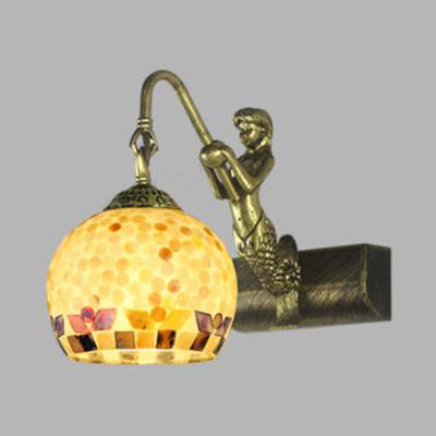 Lisslune | Globe Wall Mount Light Tiffany Beige/Beige-Red Shell 1 Head Bathroom Wall Lamp Fixture with Mermaid Decoration