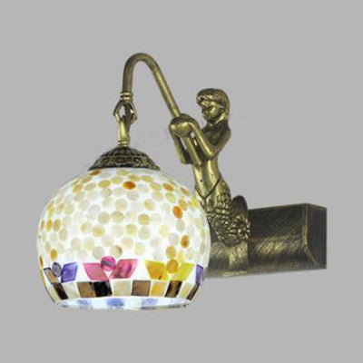 Lisslune | Globe Wall Mount Light Tiffany Beige/Beige-Red Shell 1 Head Bathroom Wall Lamp Fixture with Mermaid Decoration