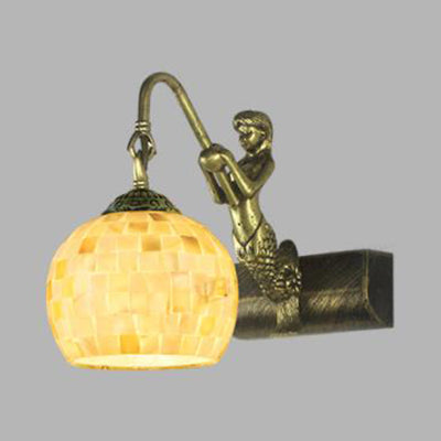 Lisslune | Globe Wall Mount Light Tiffany Beige/Beige-Red Shell 1 Head Bathroom Wall Lamp Fixture with Mermaid Decoration