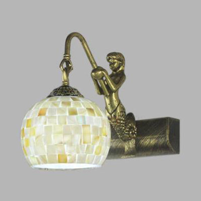Lisslune | Globe Wall Mount Light Tiffany Beige/Beige-Red Shell 1 Head Bathroom Wall Lamp Fixture with Mermaid Decoration
