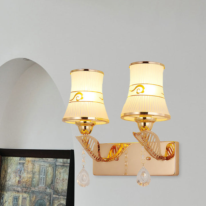 Lisslune | Flared Ribbed Glass Wall Sconce Light Traditional 2-Bulb Dining Room Wall-Mounted Fixture in Gold