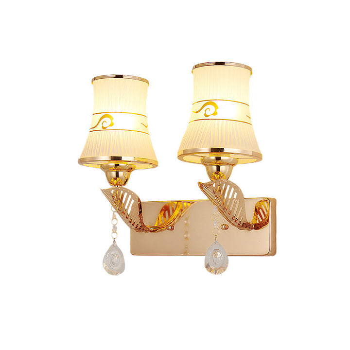 Lisslune | Flared Ribbed Glass Wall Sconce Light Traditional 2-Bulb Dining Room Wall-Mounted Fixture in Gold