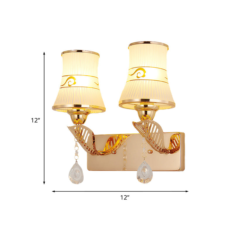 Lisslune | Flared Ribbed Glass Wall Sconce Light Traditional 2-Bulb Dining Room Wall-Mounted Fixture in Gold