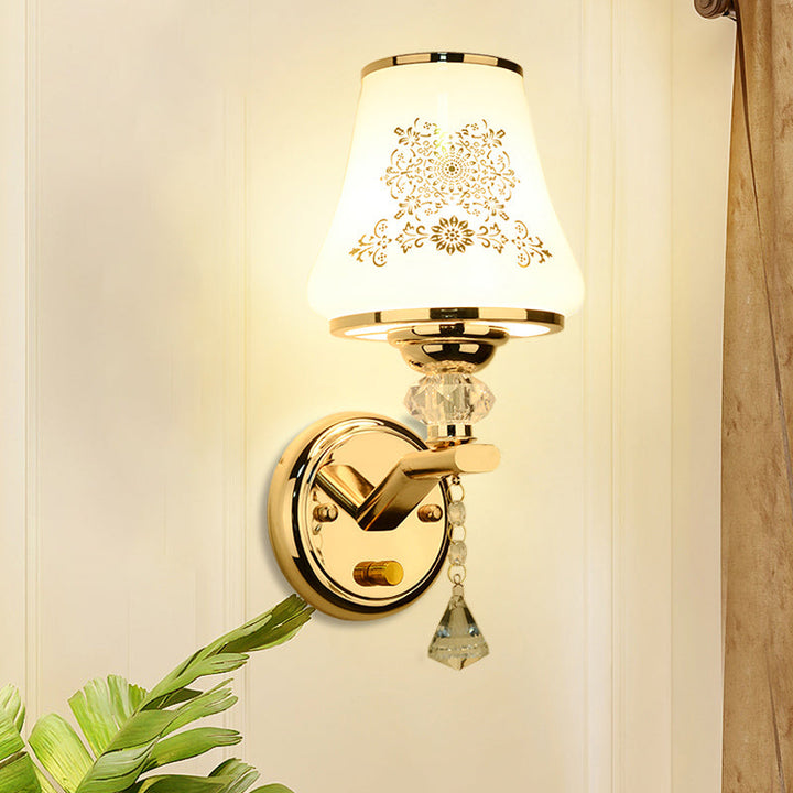 Lisslune | Single Reading Wall Lamp Postmodern Conical White Glass Wall Mount Lamp in Gold with Crystal Accent