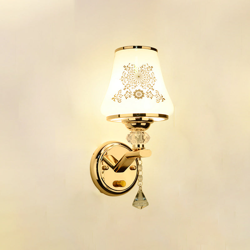 Lisslune | Single Reading Wall Lamp Postmodern Conical White Glass Wall Mount Lamp in Gold with Crystal Accent