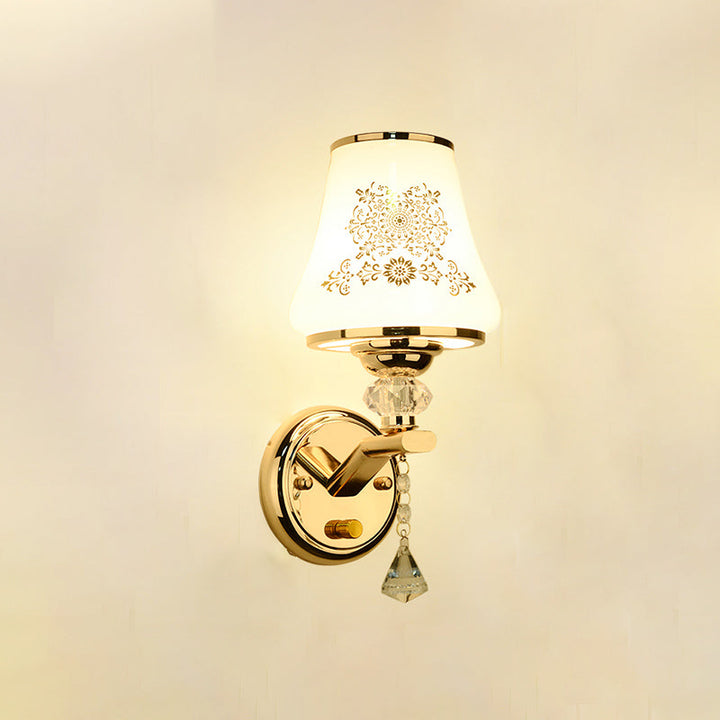 Lisslune | Single Reading Wall Lamp Postmodern Conical White Glass Wall Mount Lamp in Gold with Crystal Accent