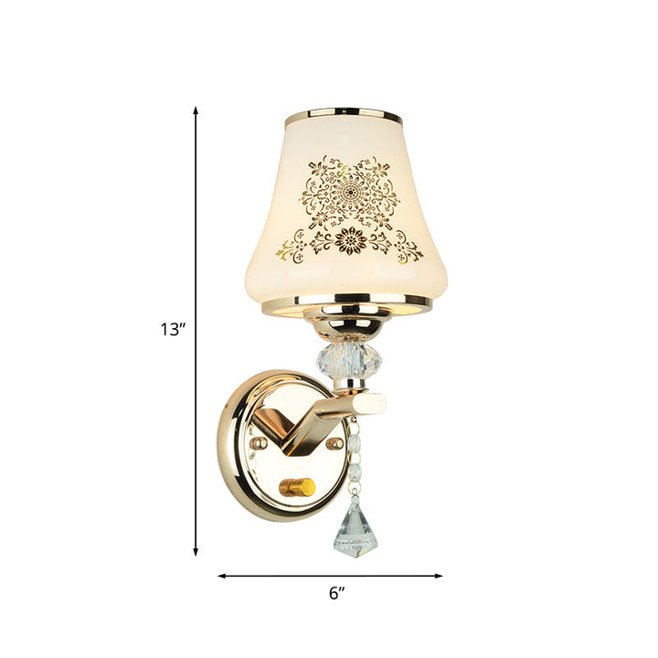 Lisslune | Single Reading Wall Lamp Postmodern Conical White Glass Wall Mount Lamp in Gold with Crystal Accent