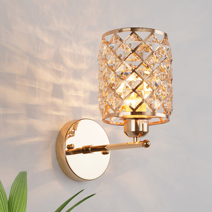 Lisslune | 1-Bulb Crystal Recessed Wall Light Kit Simple Gold Cylindrical Grid Living Room Wall Lamp