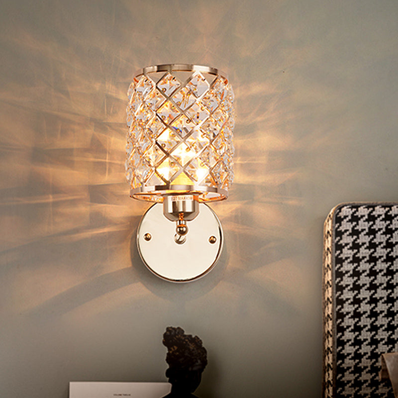 Lisslune | 1-Bulb Crystal Recessed Wall Light Kit Simple Gold Cylindrical Grid Living Room Wall Lamp
