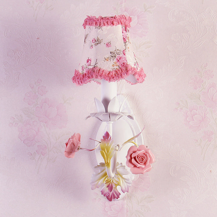 Skørter | White 1/2-Head Wall Lamp Romantic Pastoral Fabric Bell Wall Lighting with Rose Decor